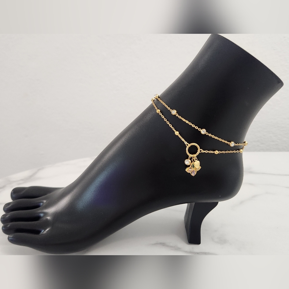 Gold Double Chain Anklet Dainty Crystals Butterfly Heart Charm Ankle Bracelet - Picture 3 of 14